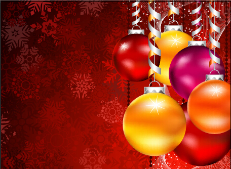 Shiny christmas baubles with red snow background vector