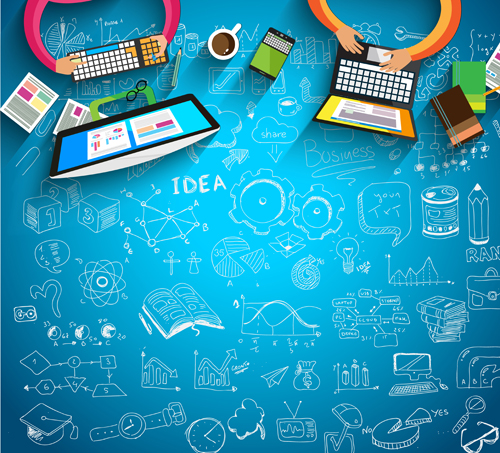 Teamwork work with business elements hand drawing vector