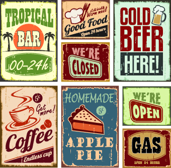 Retro font food different card vector card 