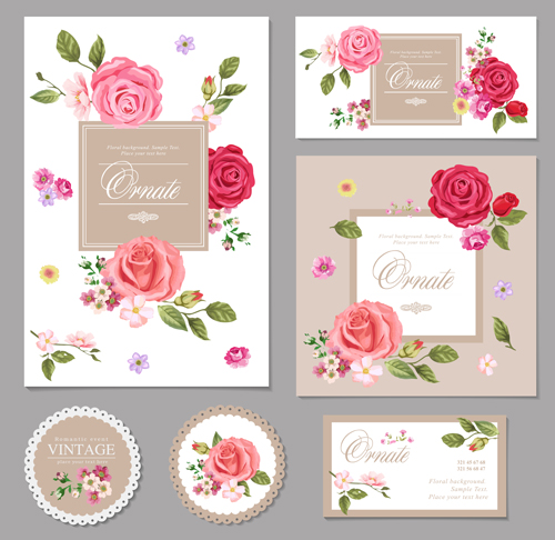 Flower vintage cards kit vector 01