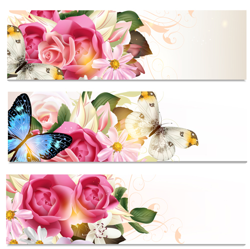 Flowers and butterflies banners vectors 01