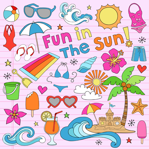 Hand drawn summer sun beach vector material 04