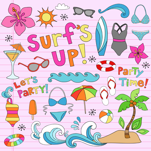 Hand drawn summer sun beach vector material 05