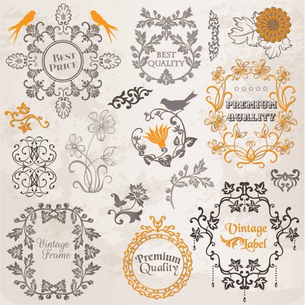 Set of labels and ornaments elements vector 04