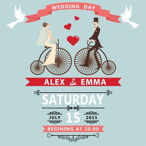 Romantic wedding cards retro style vector 01
