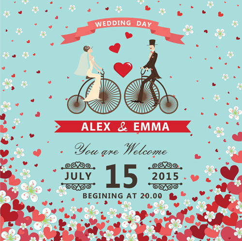 Romantic wedding cards retro style vector 03