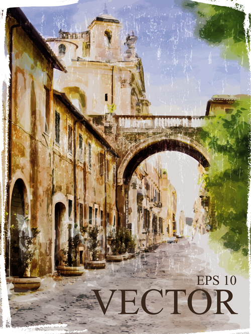 Watercolor drawn city vector graphics 02
