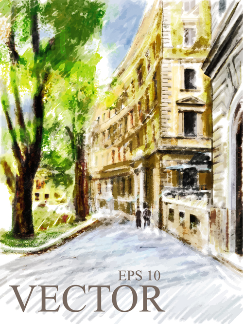 Watercolor drawn city vector graphics 03