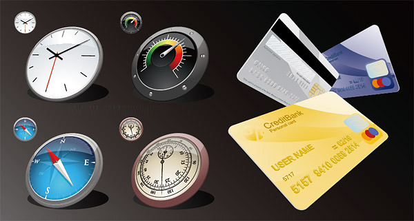 speed meter credit card compass clock cash card bank card 