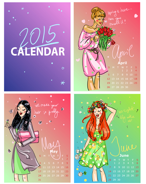 2015 calendar with girls vector material 04