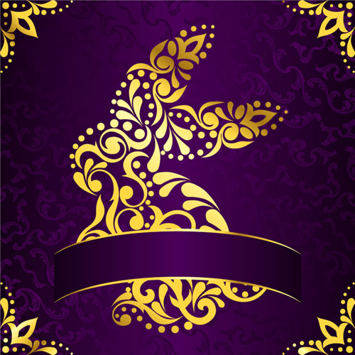 Golden easter pattern and purple background vector 05