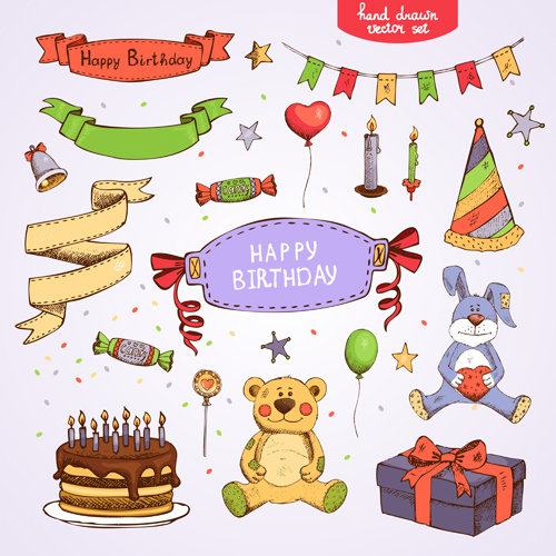 Hand drawn happy birthday elements vector