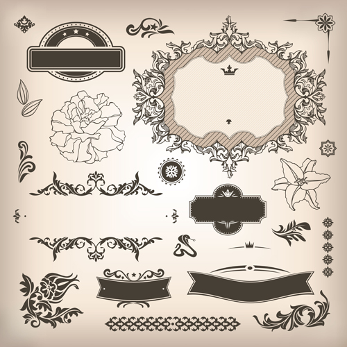Vintage floral decor with frame vector 01