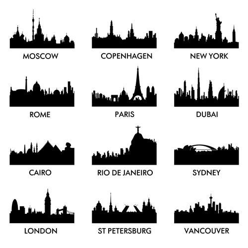 World famous cities silhouettes vector set 01