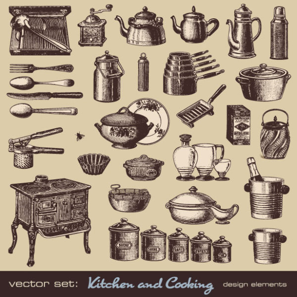 vector Set of Retro kitchen and cooking 01