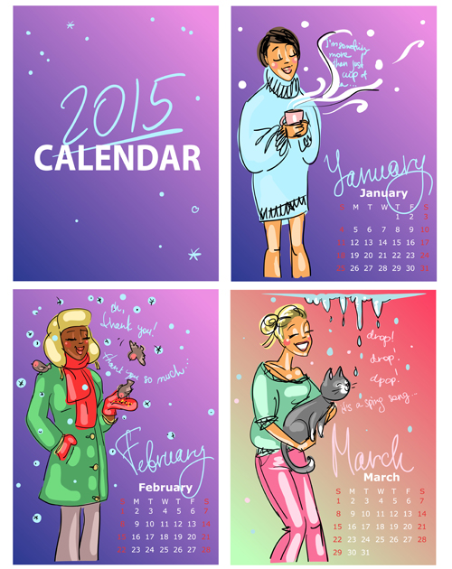 2015 calendar with girls vector material 01