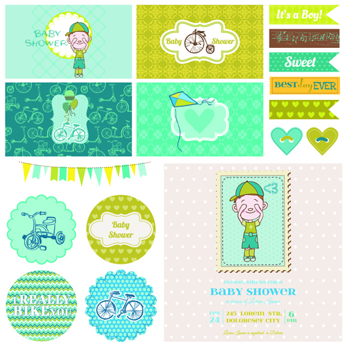Cartoon baby shower cards design vector 03