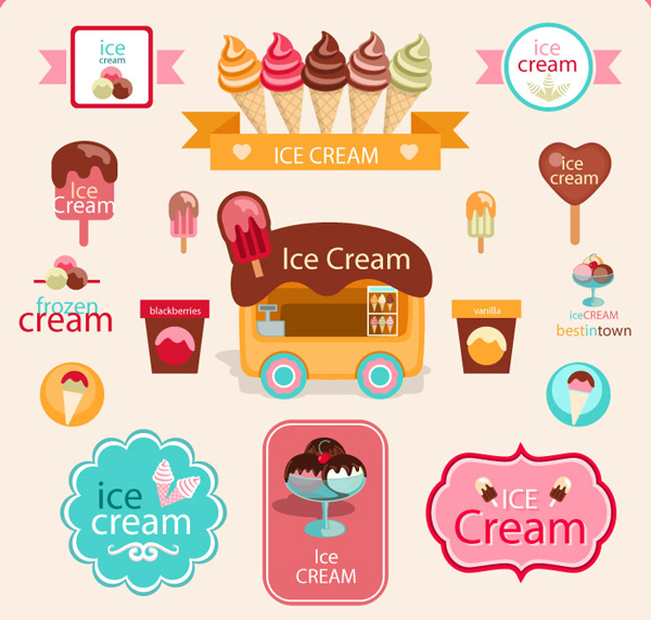 Cute ice cream logos with label elements vector 01