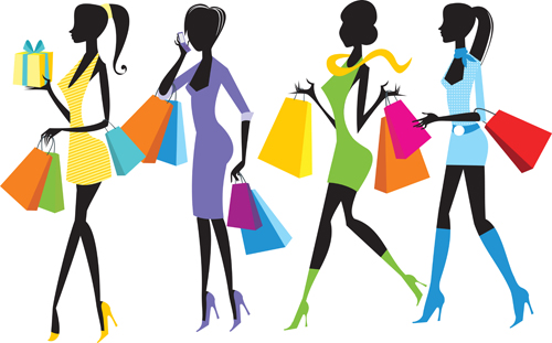 Happy shopping girls vector set 04