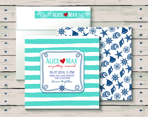 Sea style wedding invitation cards vector material 02