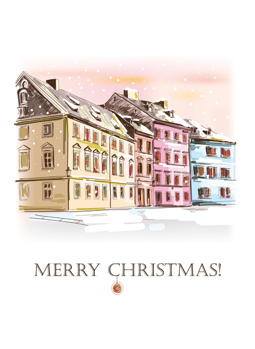 Winter houses christmas vector background 02