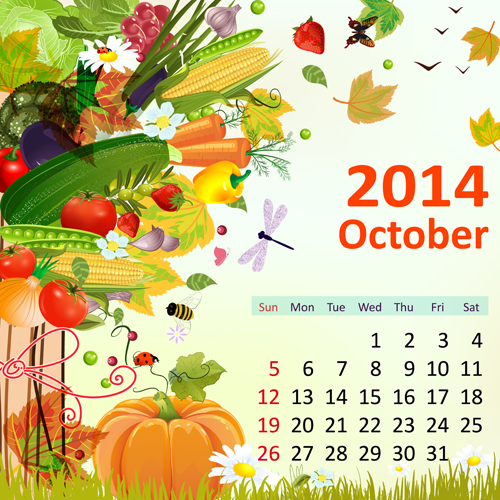 2014 Floral Calendar October vector