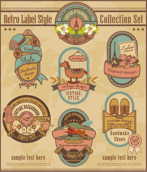 Retro elements cartoon label vector set 01