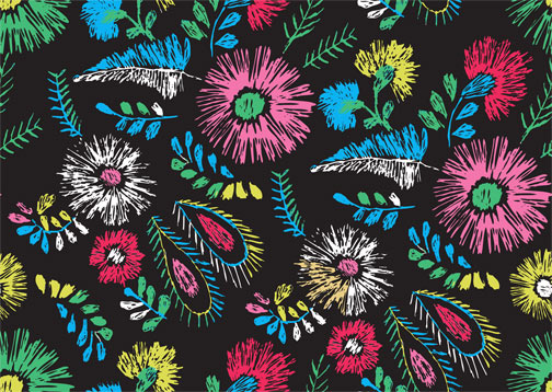Hand drawn colored flower and feather pattern vector