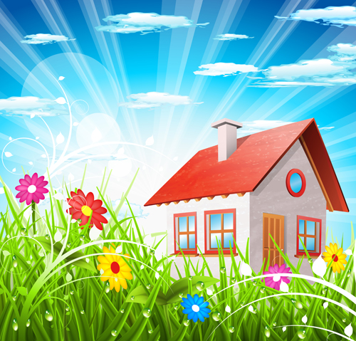Spring flower with grass art background 01