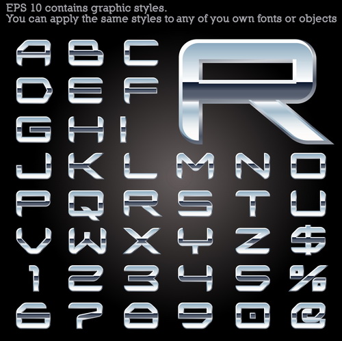 Set of Metal style fonts vector 01