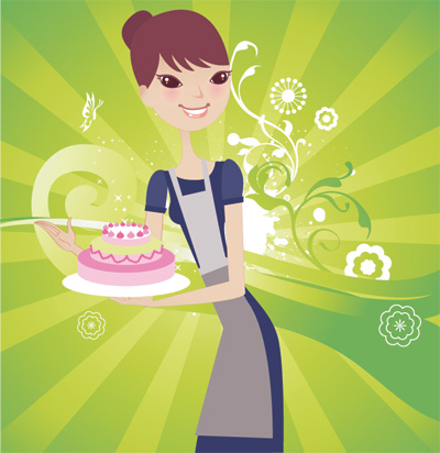 wearing an apron woman vector characters happy EPS format cartoon characters cake woman 