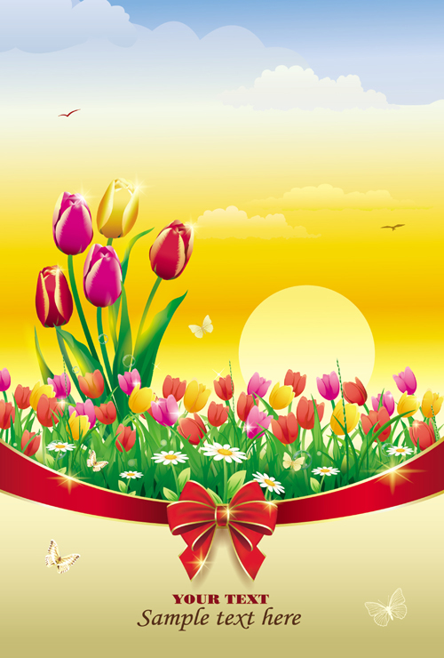 Elegant meadow with flowers art background vector 02