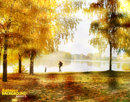 Golden autumn scenery vector background art 01