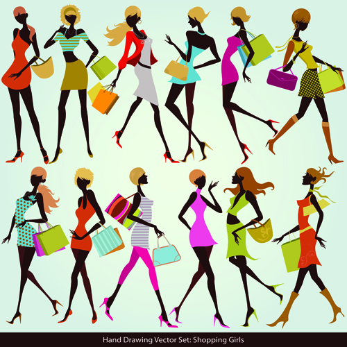 drawing shopping girls vector set 01 Hand drawing shopping girls vector set 01