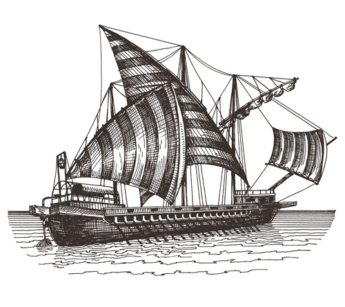 Retro ship hand drawn vector material 02