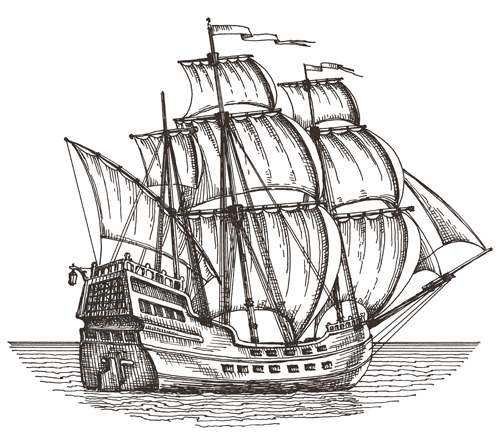 Retro ship hand drawn vector material 04