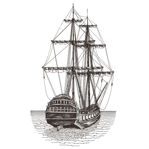 Retro ship hand drawn vector material 05