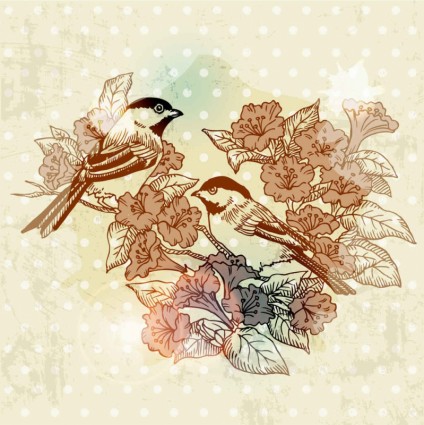European retro bird flower painting vector 02