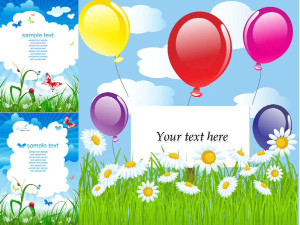 summer sky insects grass flowers clouds cards butterflies balloons background 