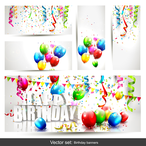 Birthday banners with color balloon vector 01