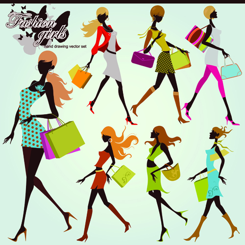 Hand drawing shopping girls vector set 02