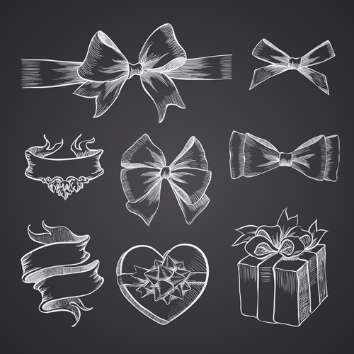 awn ribbon bow and gift boxes vector 02 Hand drawn ribbon bow and gift boxes vector 02