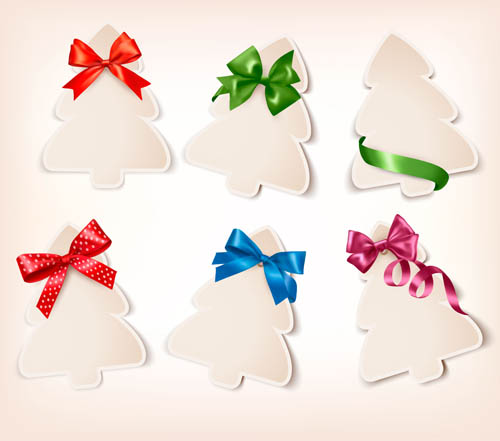 Paper christmas tree with ribbon cards vector 01