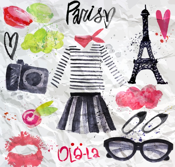 Paris elements graffiti on crumpled paper vector