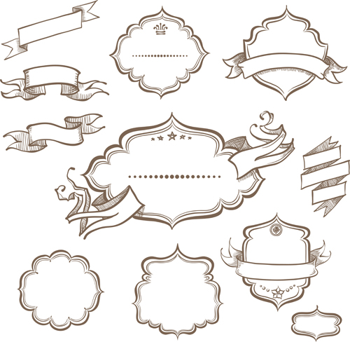 Retro hand drawn ribbon with ornaments vector 02