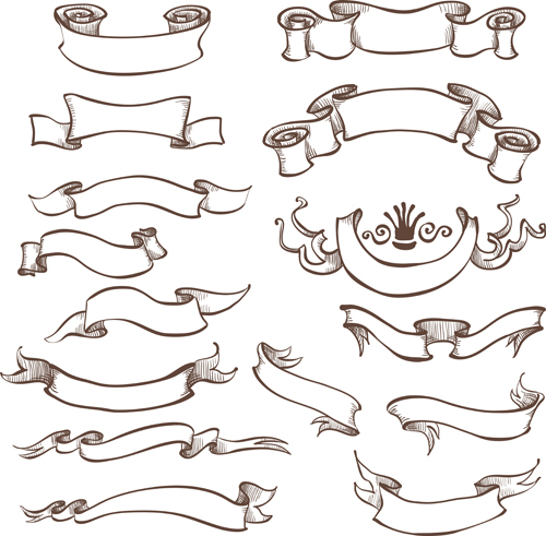 Retro hand drawn ribbon with ornaments vector 03