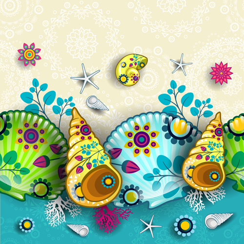 ne elements vector background art 02 Shells with marine elements vector background art 02