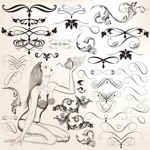ements with girls vector material 01 Sketch calligraphy elements with girls vector material 01