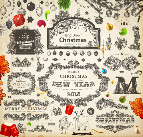 Vintage Christmas and New Year 2013 Ornaments vector 06