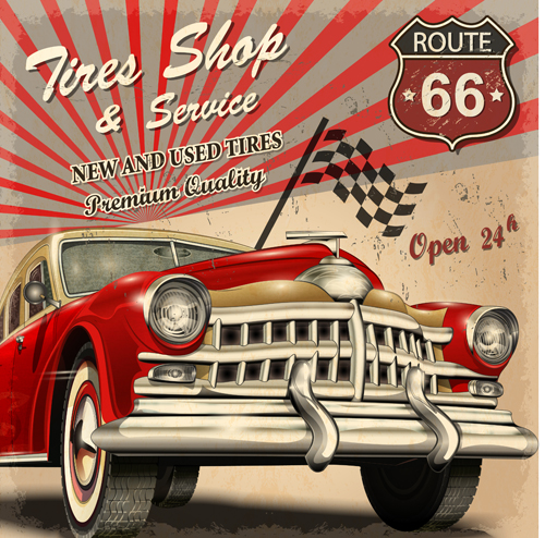 Vintage car with travel poster vector set 05